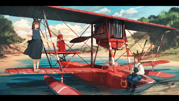 Two girls with animal ears and a red seaplane on a beach