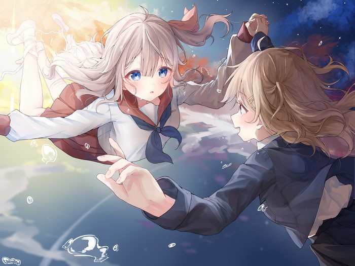 Anime girls in school uniforms falling