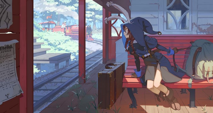 Anime girl with bunny ears at a train station