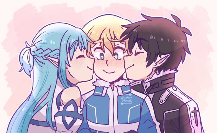 Kirito, Asuna, and Eugeo sharing kisses