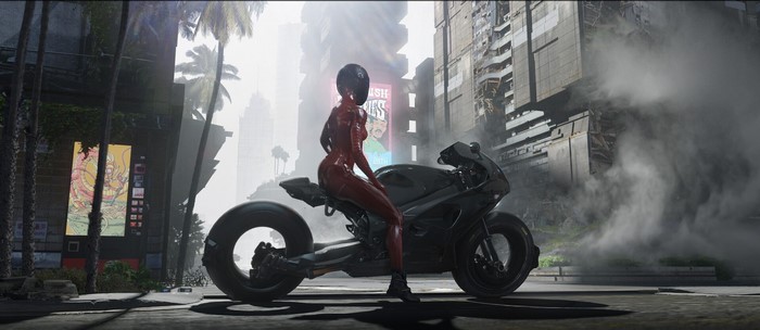 Woman in red suit on a black motorcycle in a futuristic city
