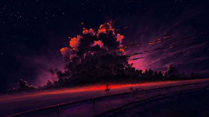 Anime girl with bicycle under starry sky with dramatic clouds