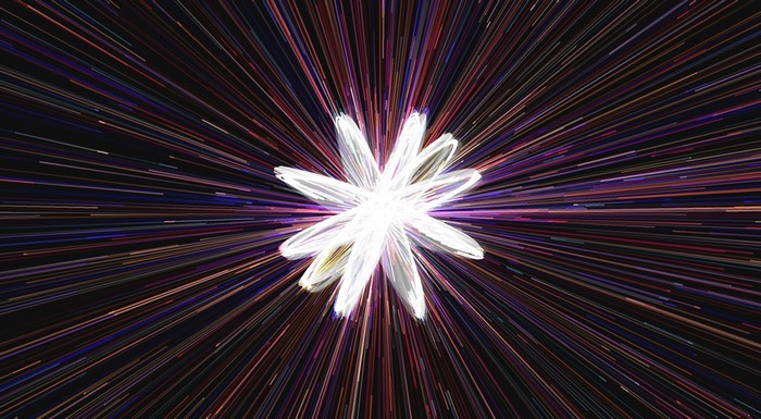 Abstract glowing white flower with colorful light streaks