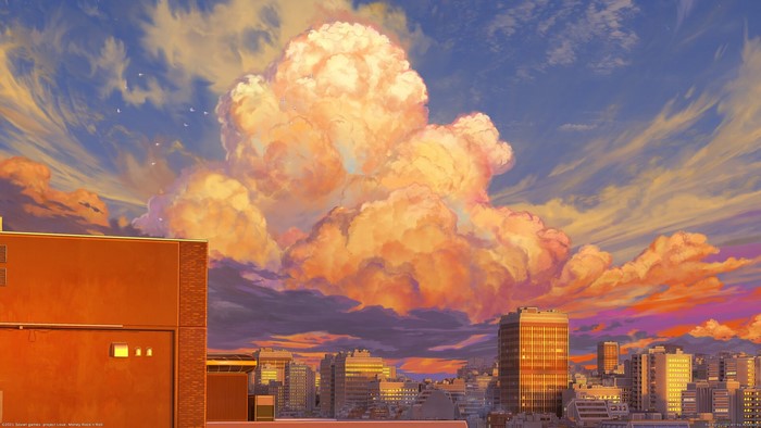 Cityscape with dramatic sunset clouds