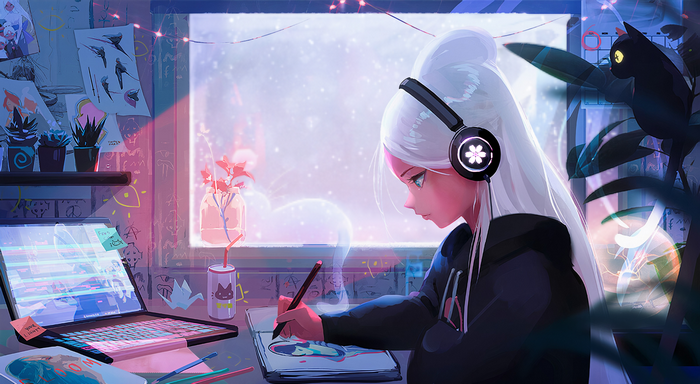 Woman with white hair drawing on a tablet with headphones
