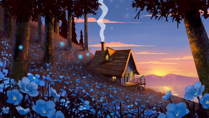 Fantasy landscape with cabin and blue flowers by Hugo Barret Castan