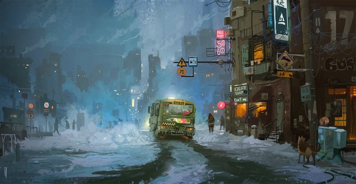 Cyberpunk city street in winter with a bus