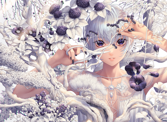 Anime girl with purple eyes and scissors among white trees