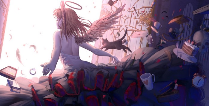 Angel with wings and halo surrounded by floating objects