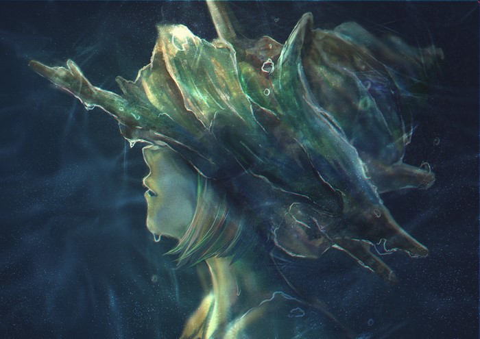 Anime girl with crown of shells underwater