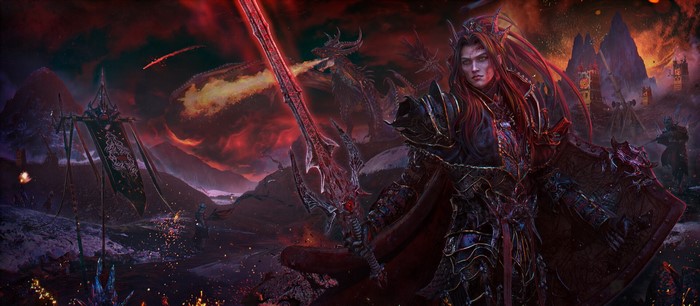 Fantasy warrior with sword and dragons