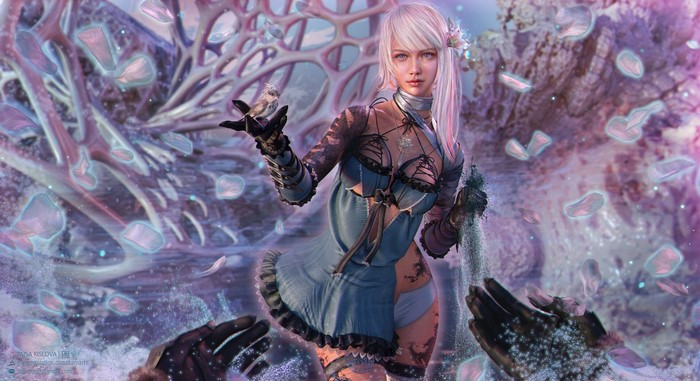 Kaine from NieR with a bird and blue dress