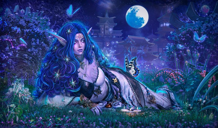 Fantasy Elf Woman with Blue Hair in Moonlit Garden