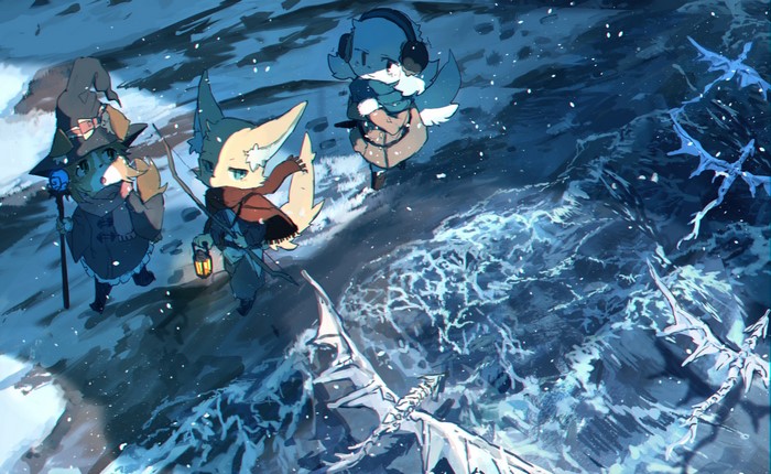 Anthro characters in a snowy landscape with icy waves