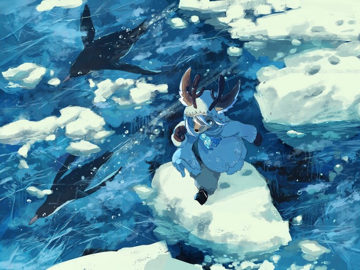 Anthro deer in a blue jacket with antlers near penguins
