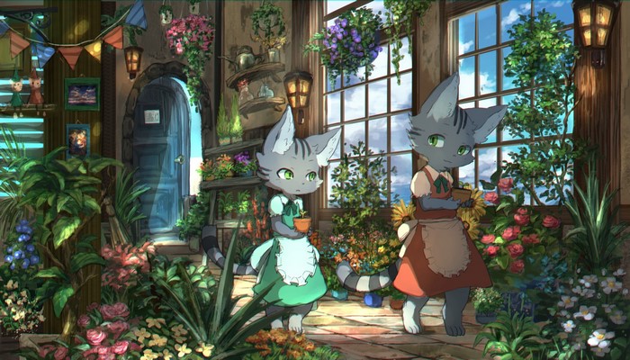 Two anthropomorphic cats in a flower shop