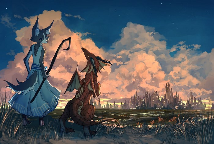 Anthro dog with staff and dragon before a city
