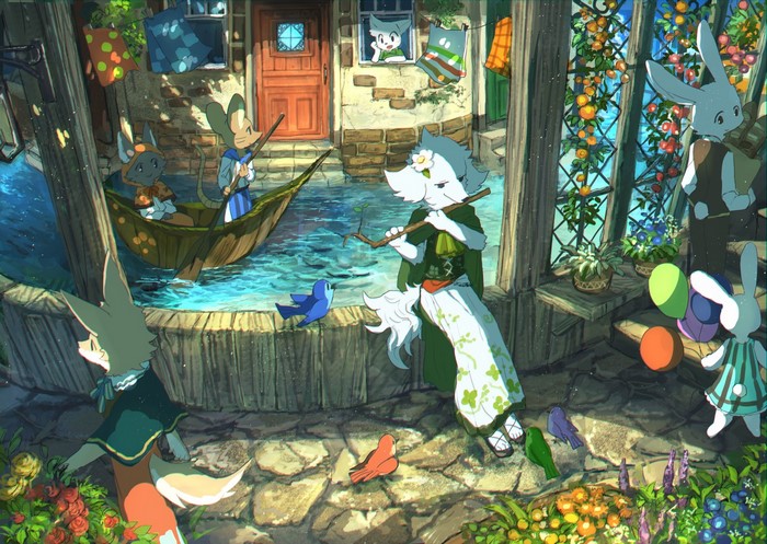 Anthro animals by a river with flowers