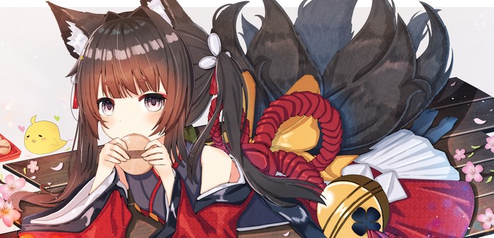 Anime fox girl eating a snack with a chick