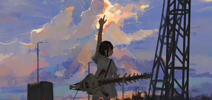 Anime girl with guitar raising arm against sky