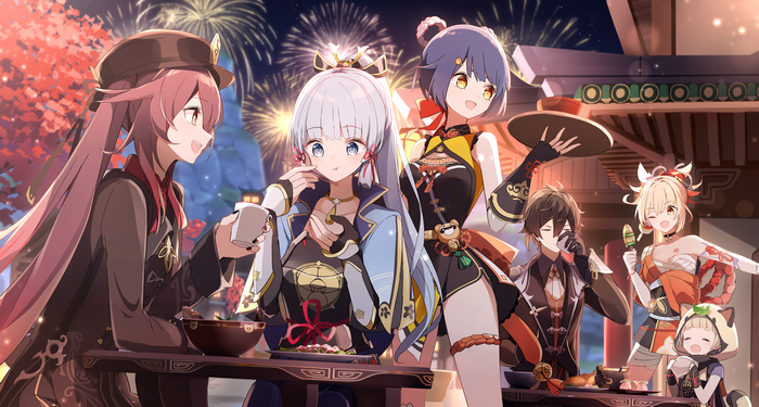 Genshin Impact characters celebrating with fireworks