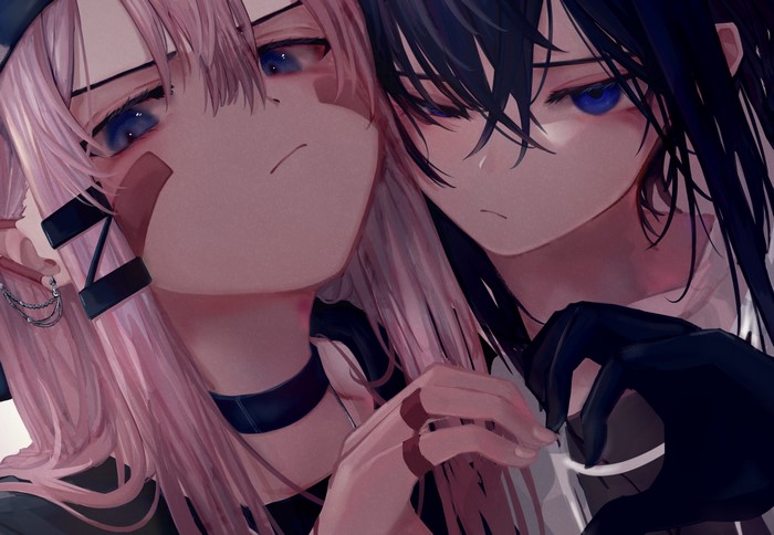 Two anime girls with pink and dark hair