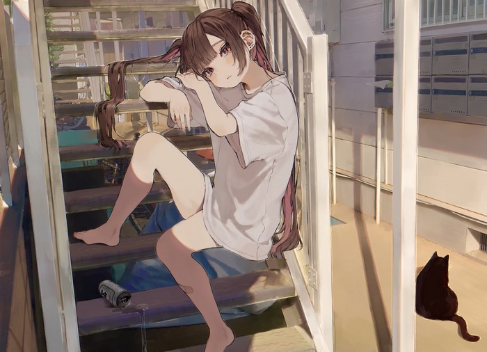 Anime girl with long hair sitting on stairs with cat
