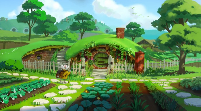 Mouse with backpack in front of hobbit-like house