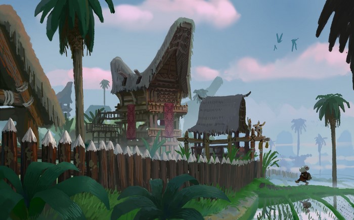Anthro mouse with backpack in a village with palm trees