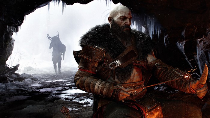 Kratos from God of War Ragnarök in a cave
