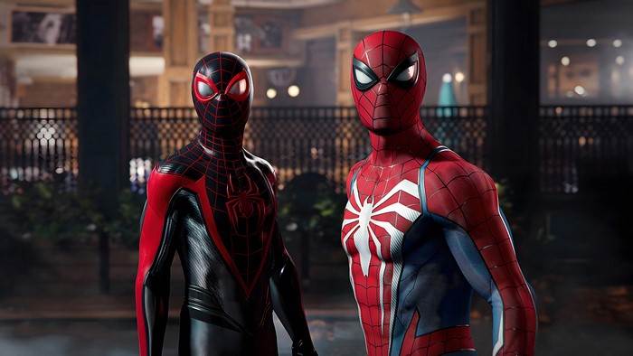 Miles Morales and Peter Parker from Marvel's Spider-Man 2
