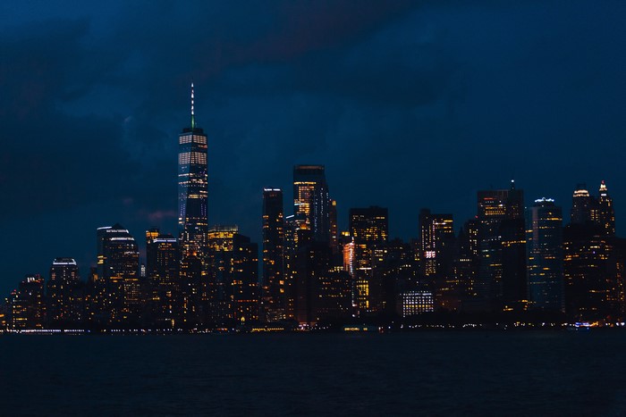 New York City skyline at night with One World Trade Center