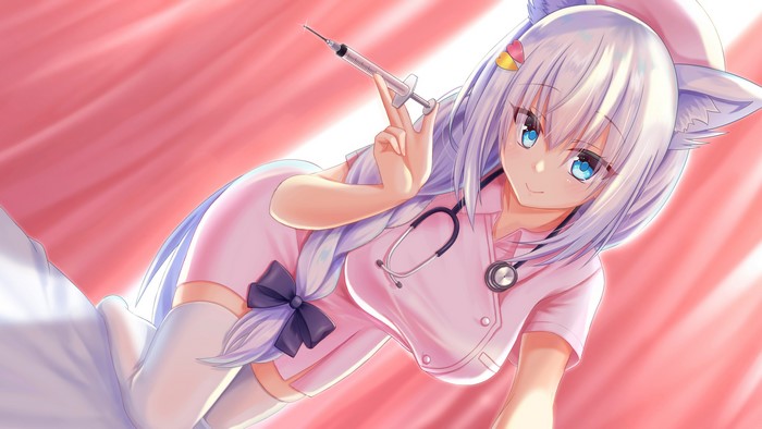 Anime Nurse with Silver Hair and Blue Eyes Holding Syringe