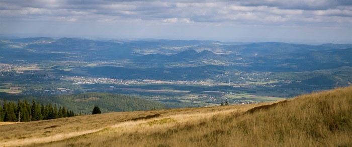 Panoramic view of a valley with towns and hills in Poland