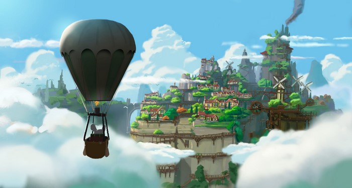Hot air balloon flying over a fantasy city with windmills