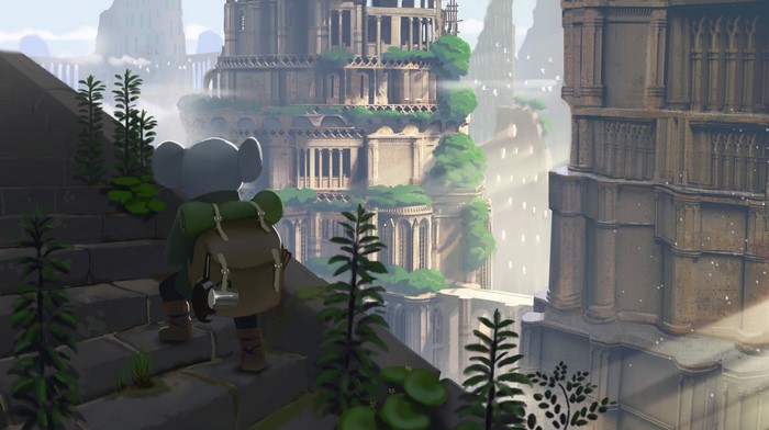 Anthro rodent with backpack climbing stairs in ancient city