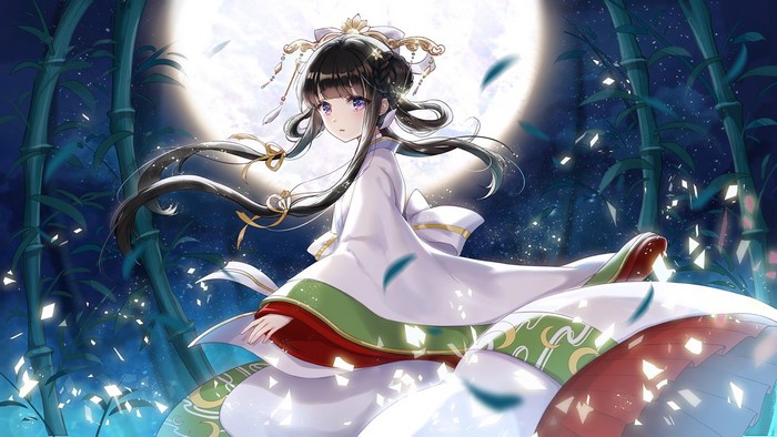 Anime girl in traditional clothing under the moon