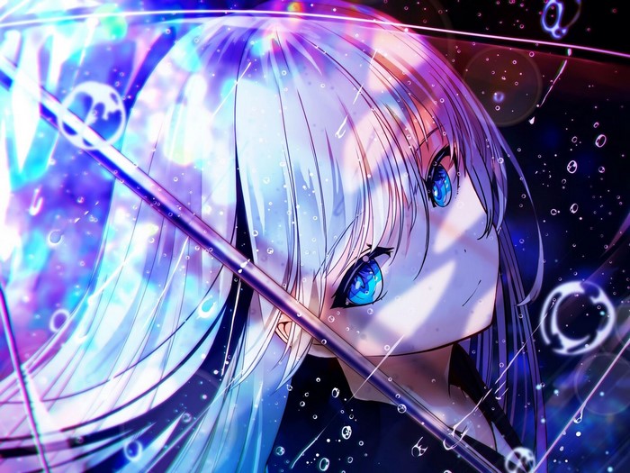 umbrella, anime girls, looking at viewer, digital art, Sanamisa, blue ...