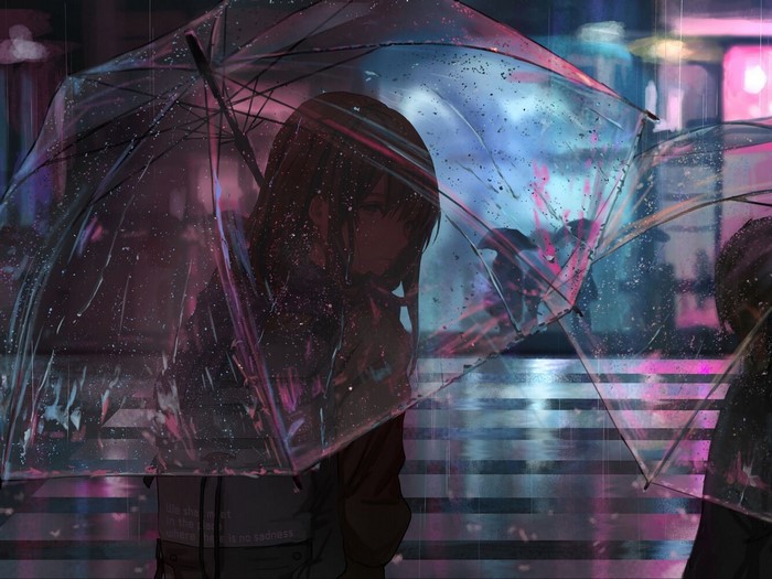 Anime girl with umbrella in the rain at night