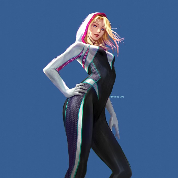 Spider-Gwen in a stylish black and white bodysuit