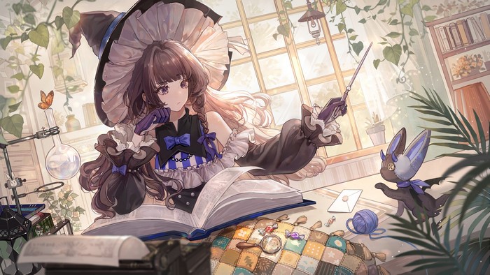 Anime girl witch with bat familiar studying