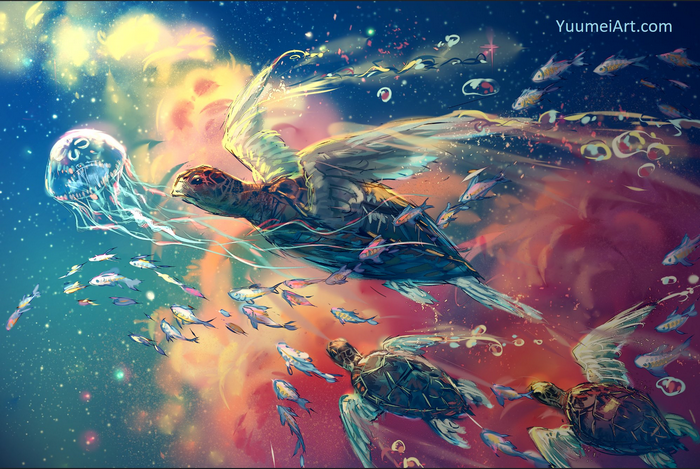 Fantasy art of turtles and fish in the sky