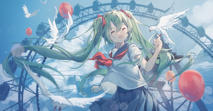 Hatsune Miku with doves and balloons