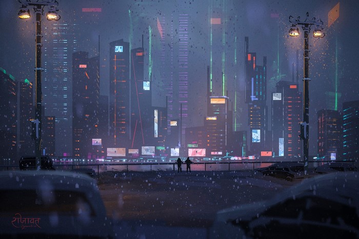 Cyberpunk city at night with snow