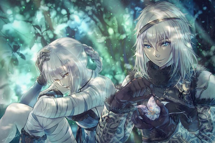 Kainé and Weiss from NieR Replicant in a forest
