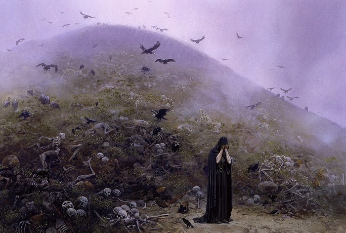 A hooded figure stands amidst a field of bones and crows