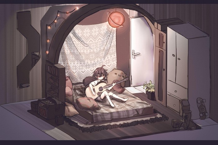 Anime girl playing guitar in a cozy room