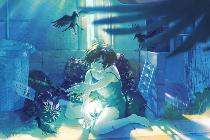 Anime girl with crows in trash alley