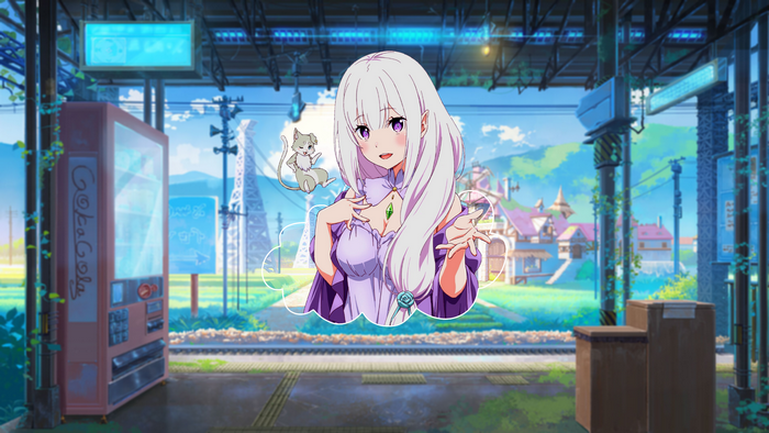 Emilia and Puck from Re:Zero at a Train Station