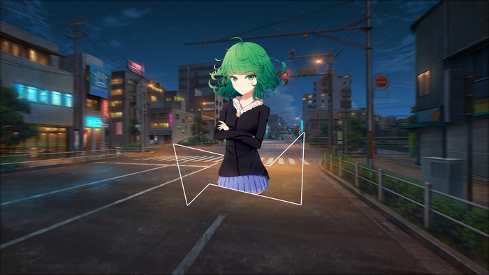 Tatsumaki from One-Punch Man in a city at night